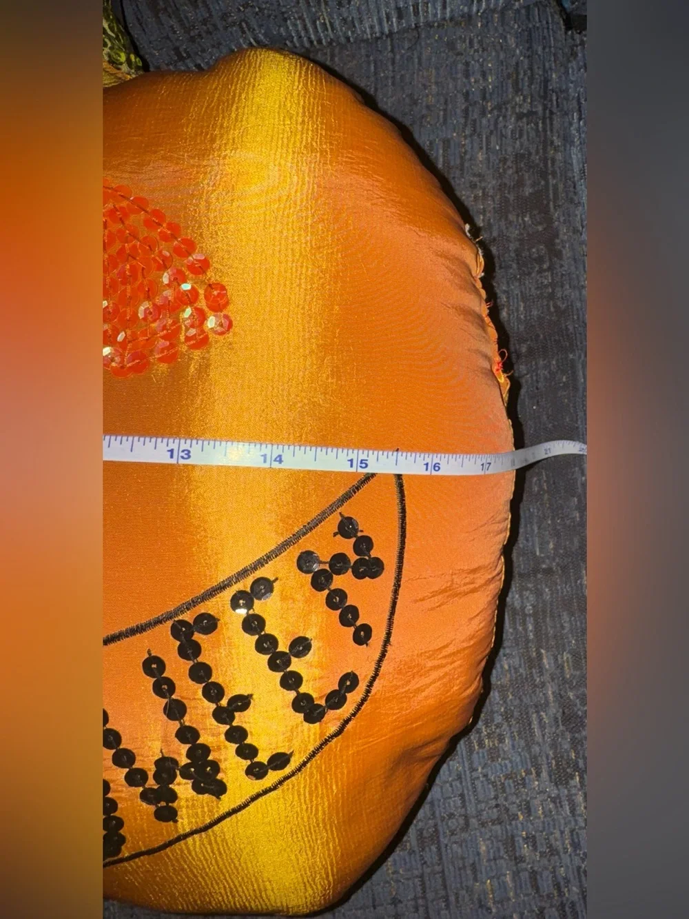 Orange Sequin Pumpkin Holiday Pillow - Happy Halloween 18” x 18”